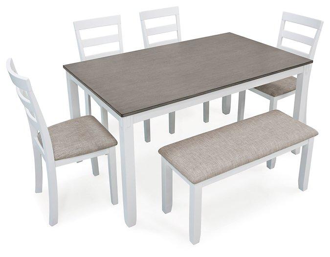 Stonehollow White/Gray Dining Table and Chairs with Bench (Set of 6)